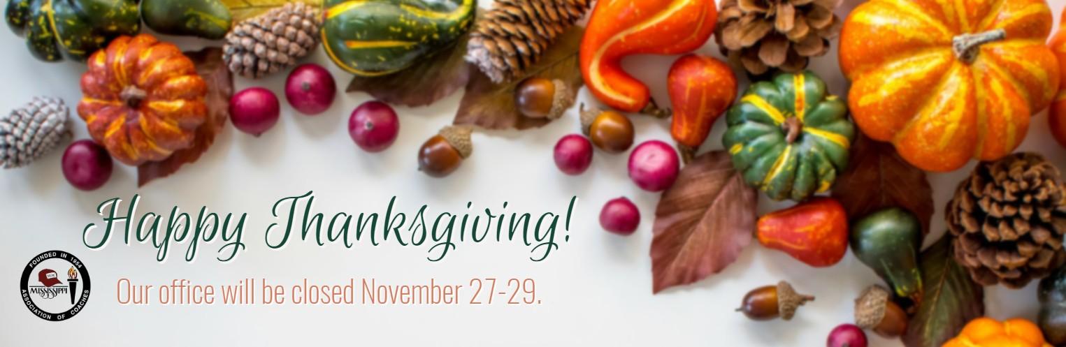 Happy Thanksgiving!  Our office will be closed November 27-29.